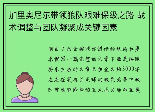 加里奥尼尔带领狼队艰难保级之路 战术调整与团队凝聚成关键因素